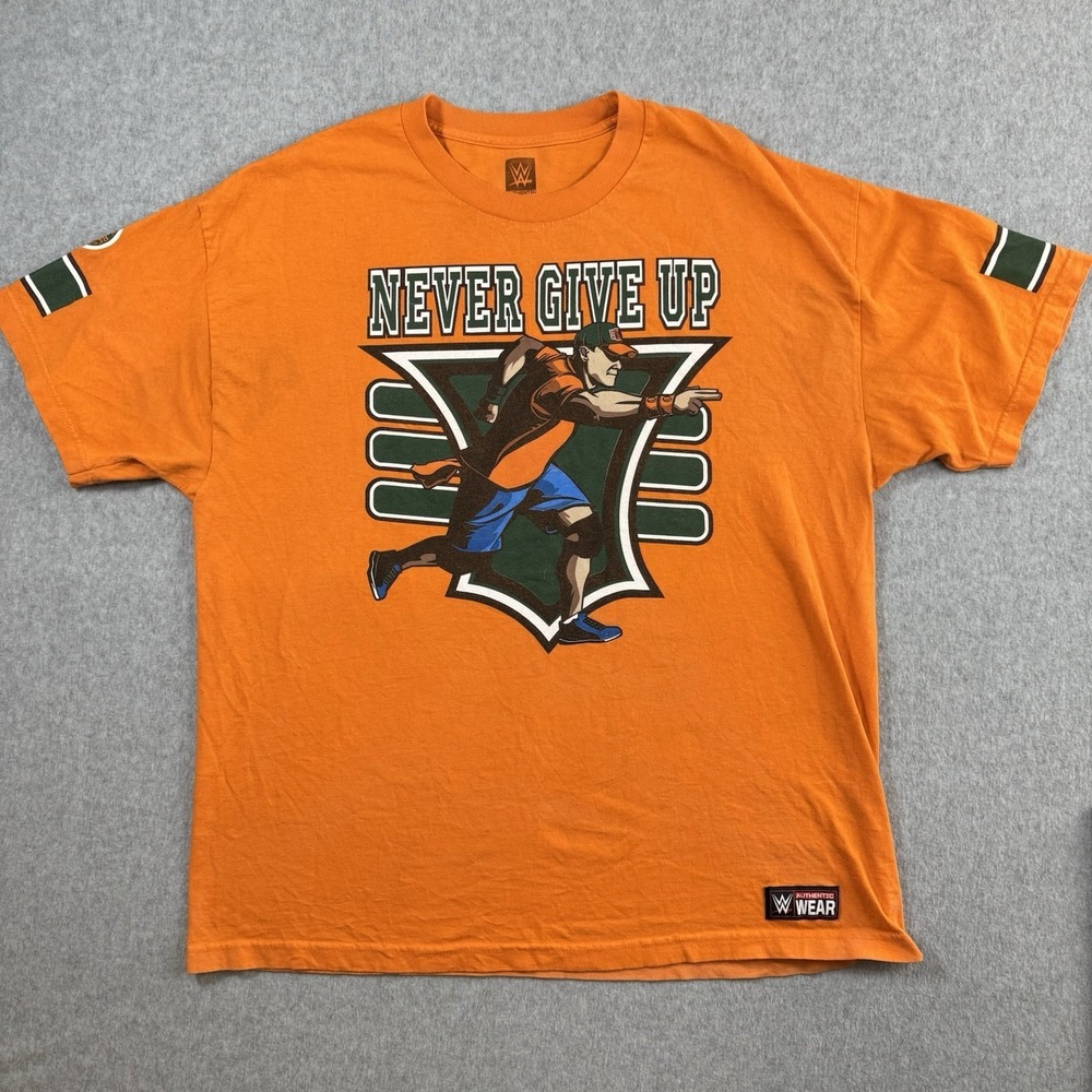 John Cena "Never Give Up" WWE Size XXL Authentic Orange T-Shirt 2013 Wrestling
